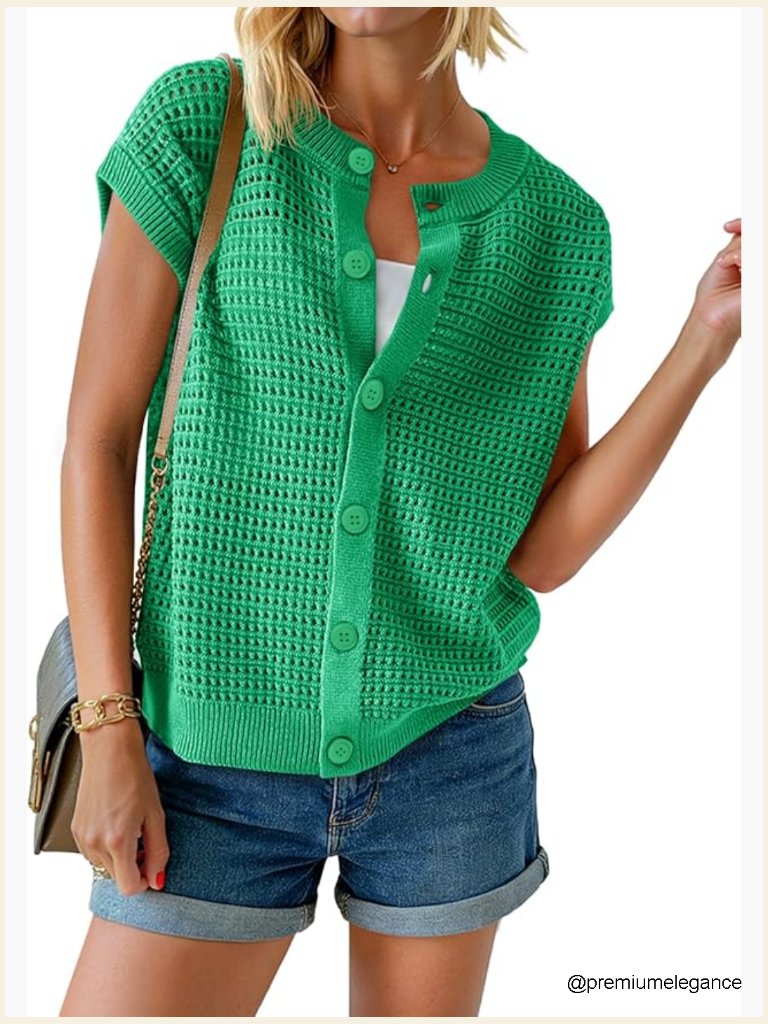 Short Cap Sleeve Crochet Sweater Vest Button Down Cardigan Summer Knit Top